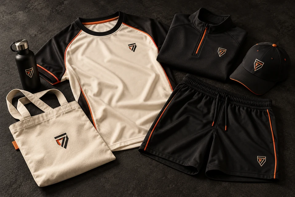 Illustrative coordinated team-store collection with jersey, shorts, training top, cap, tote and sports bottle