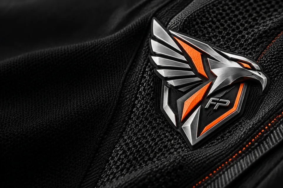 Illustrative dimensional silver and coral FP sports crest on black technical fabric