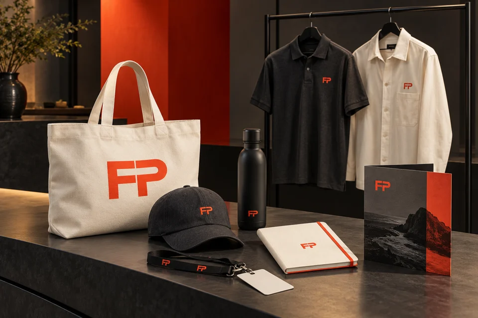 Illustrative branded event apparel, tote, cap, bottle and notebook