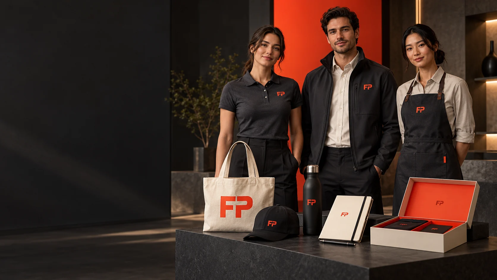 Illustrative FP branded uniforms: polo, jacket and hospitality apron with coordinated event merchandise and gifts