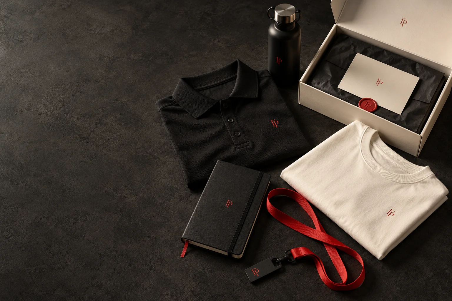 Illustrative employee welcome kit with branded apparel, notebook, bottle and gift box