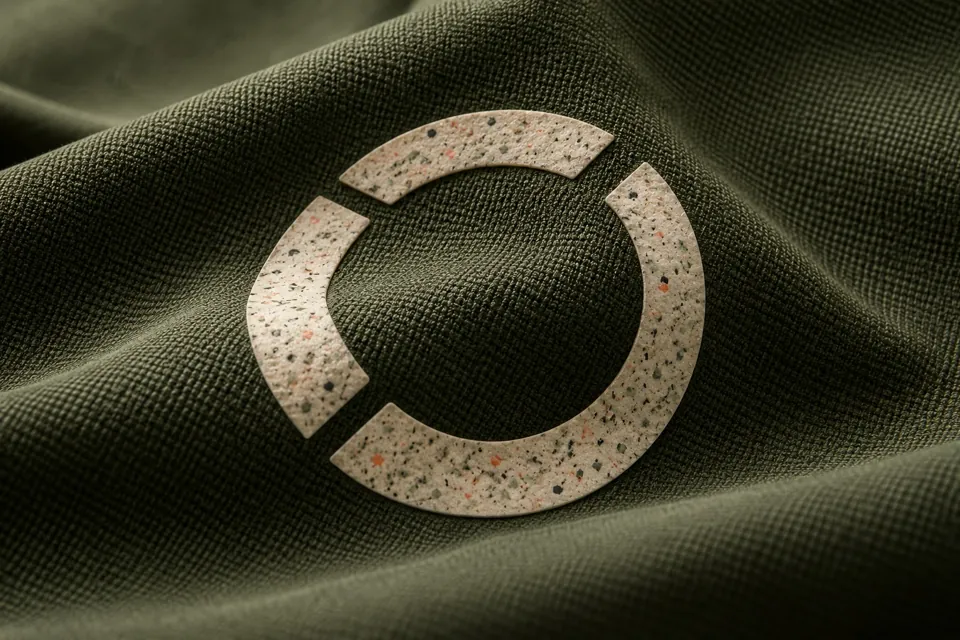 Illustrative flecked pale material emblem on olive fabric; composition unverified